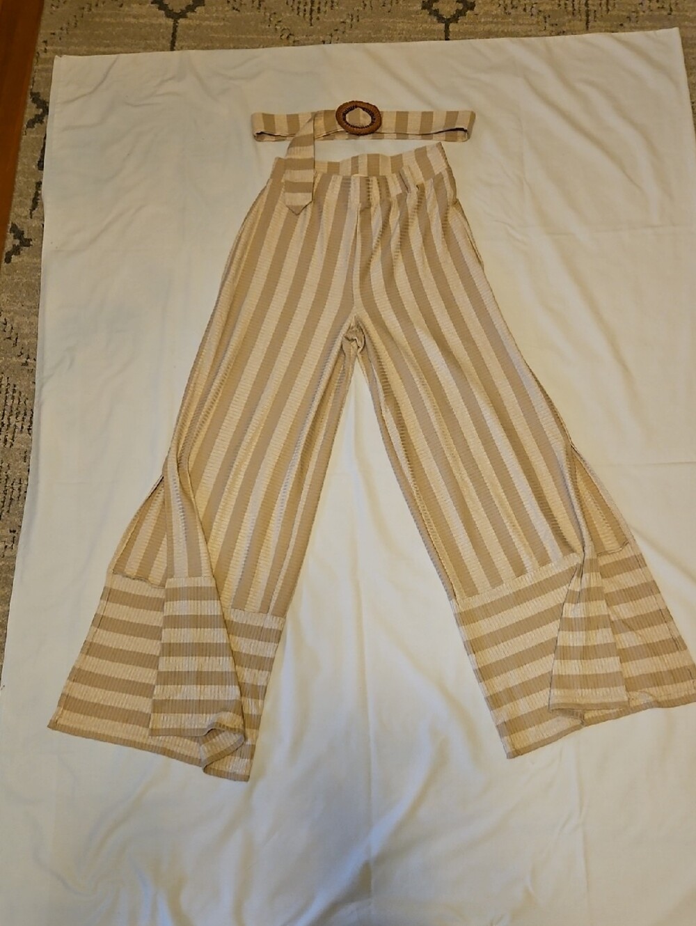 Beige Stripe Wide-Leg with side cut Pants from Brazil, with Matching Belt